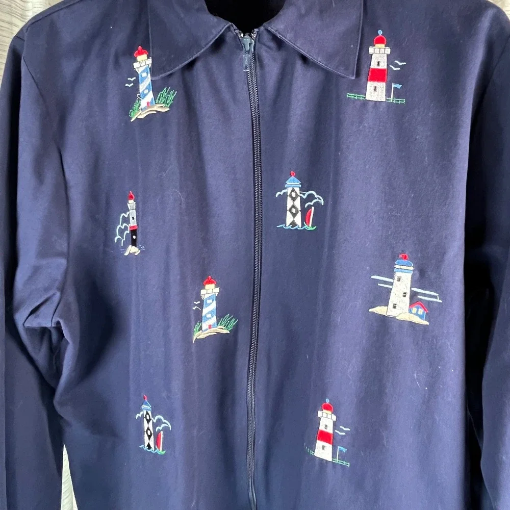BonWorth Navy Blue Lighthouse Embroidered Zip Up Jacket Nautical Coastal